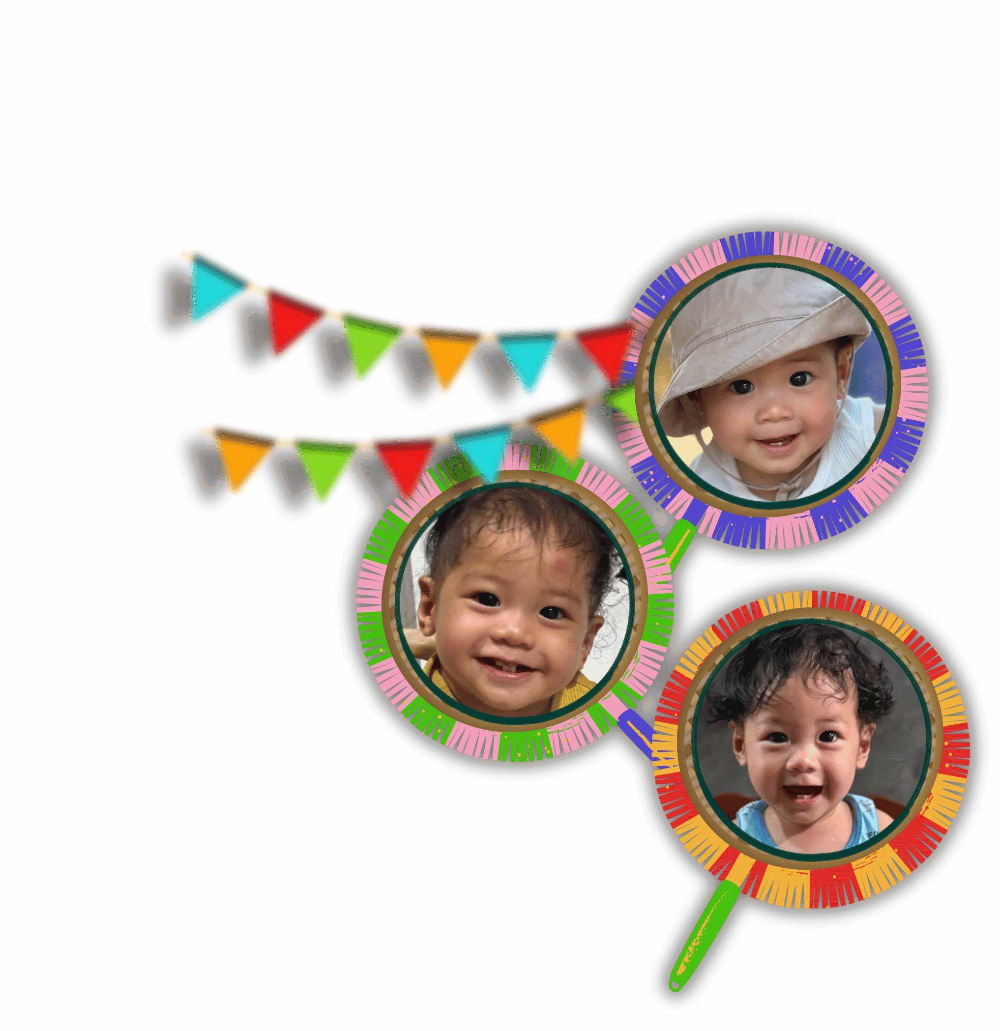 Three playful photos of Christon framed by colorful fiesta fans and bunting