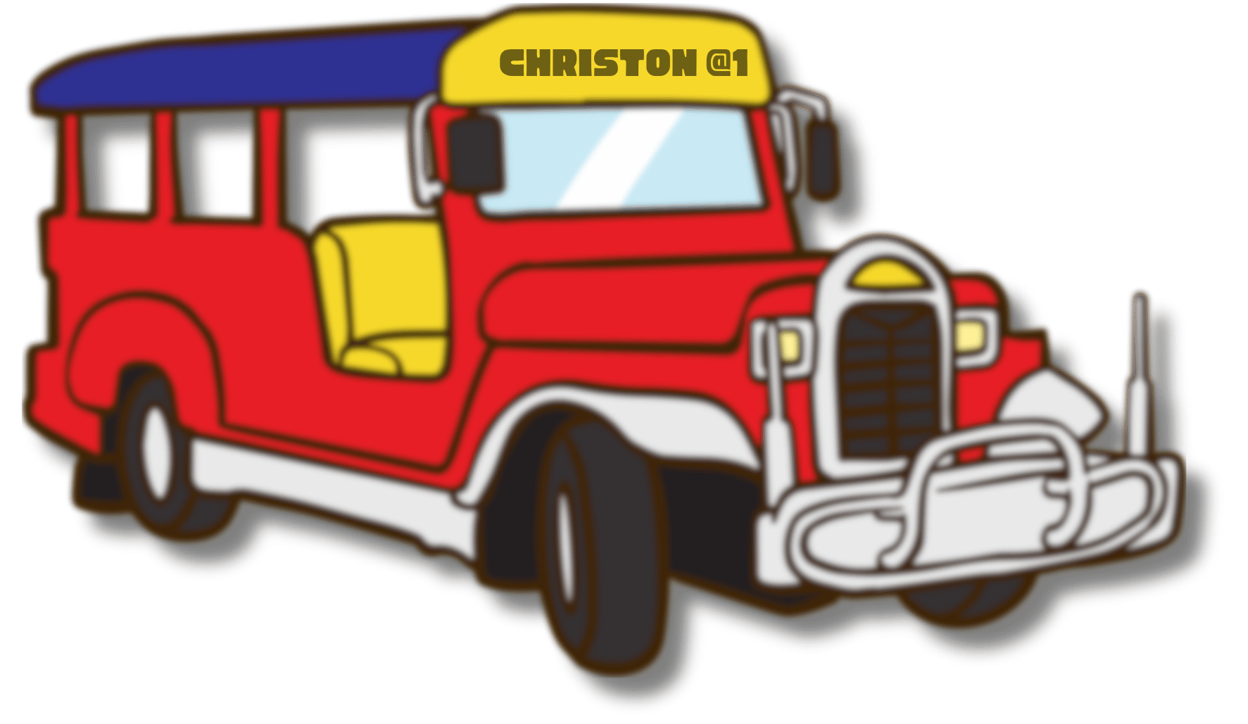 Red jeepney with Christon at one displayed on its destination sign