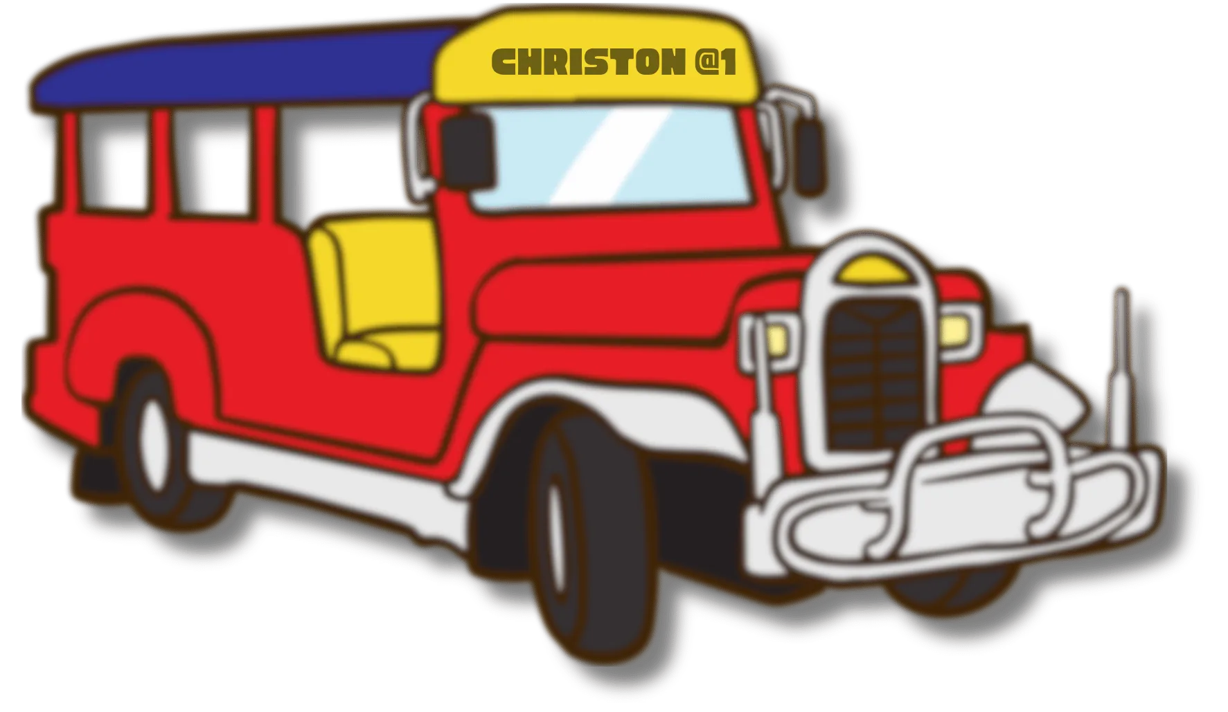 Red jeepney with Christon at one displayed on its destination sign